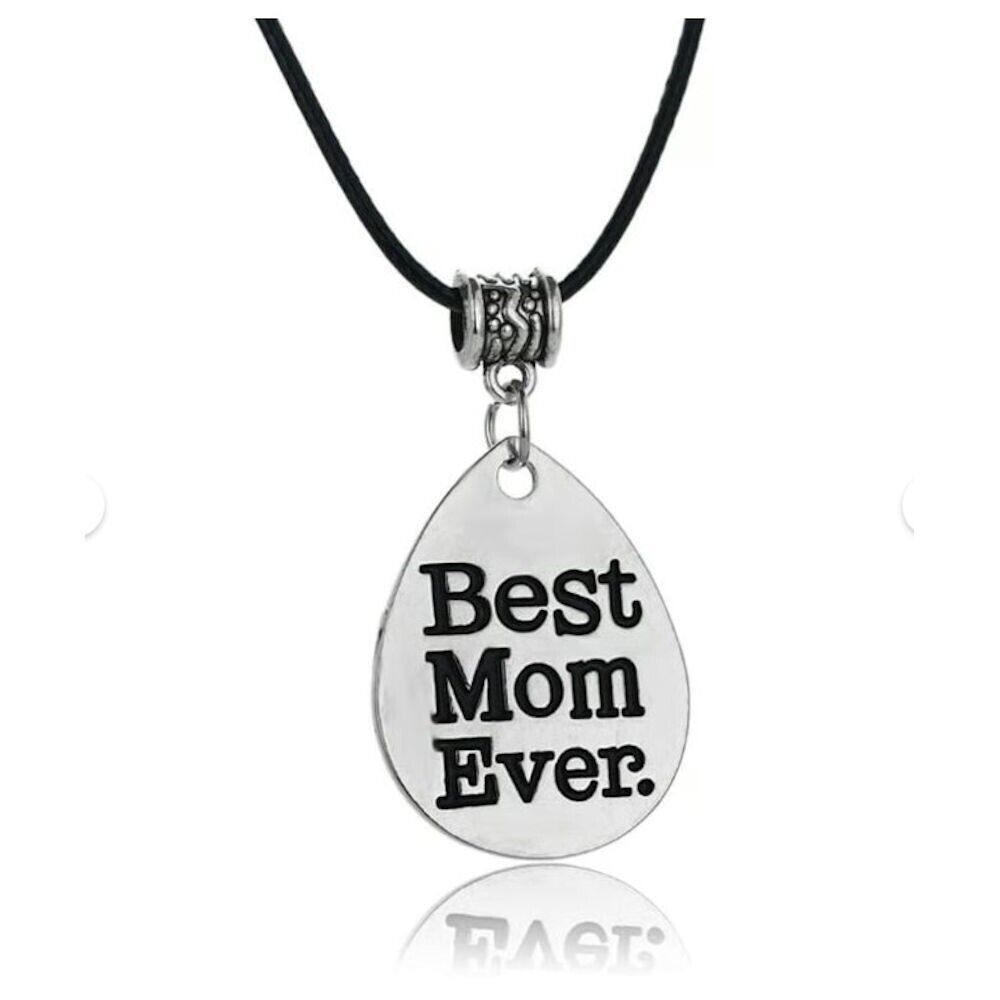 Best Mom Ever Necklace NEW Silver Teardrop Pendant Black Cord